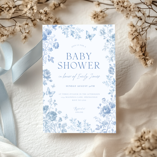 Baby Shower Invitation - Blue Toile de Jouy Elegant Vintage Florals BS187