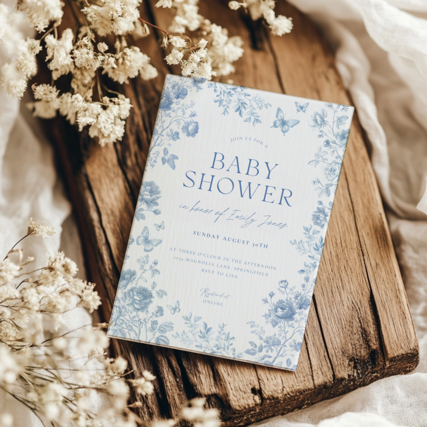 Baby Shower Invitation - Blue Toile de Jouy Elegant Vintage Florals BS187