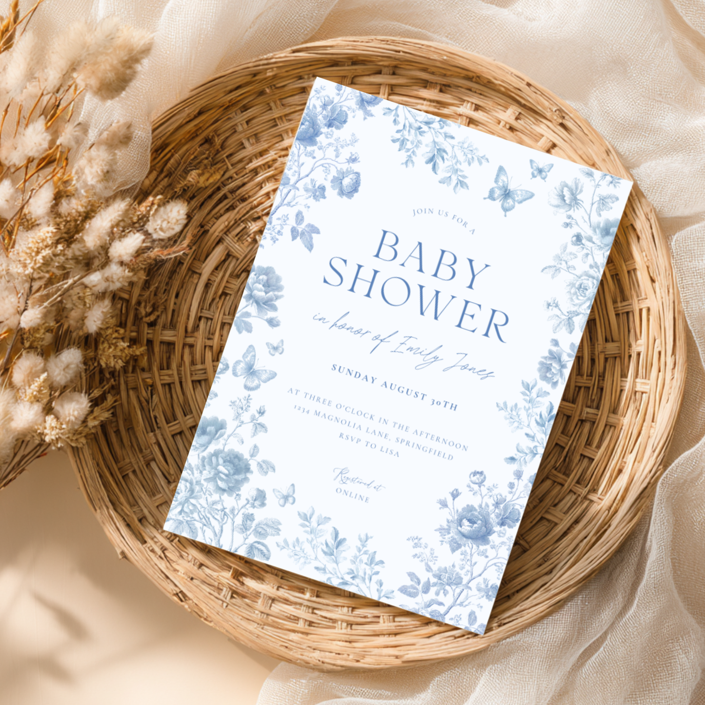 Baby Shower Invitation - Blue Toile de Jouy Elegant Vintage Florals BS187