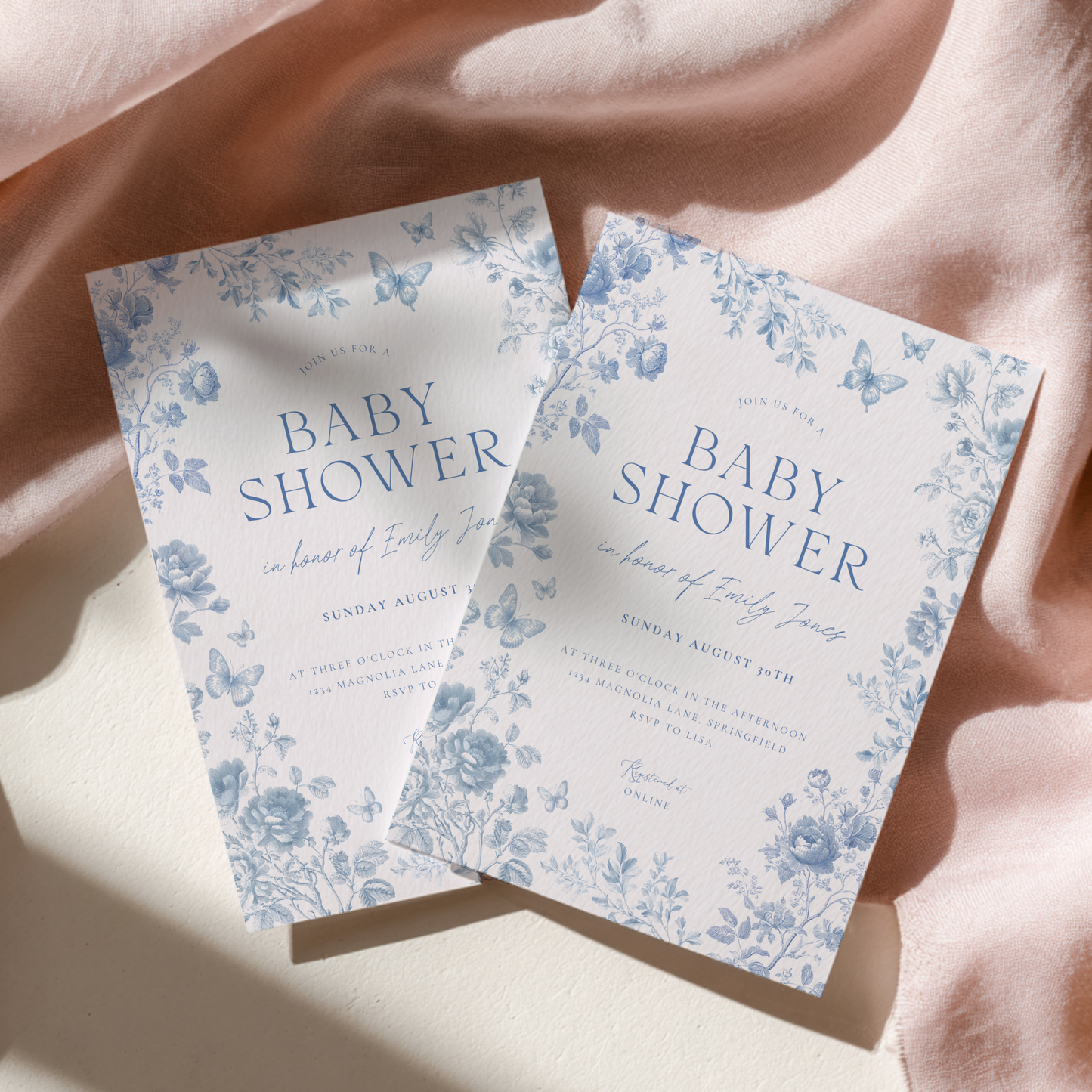 Baby Shower Invitation - Blue Toile de Jouy Elegant Vintage Florals BS187