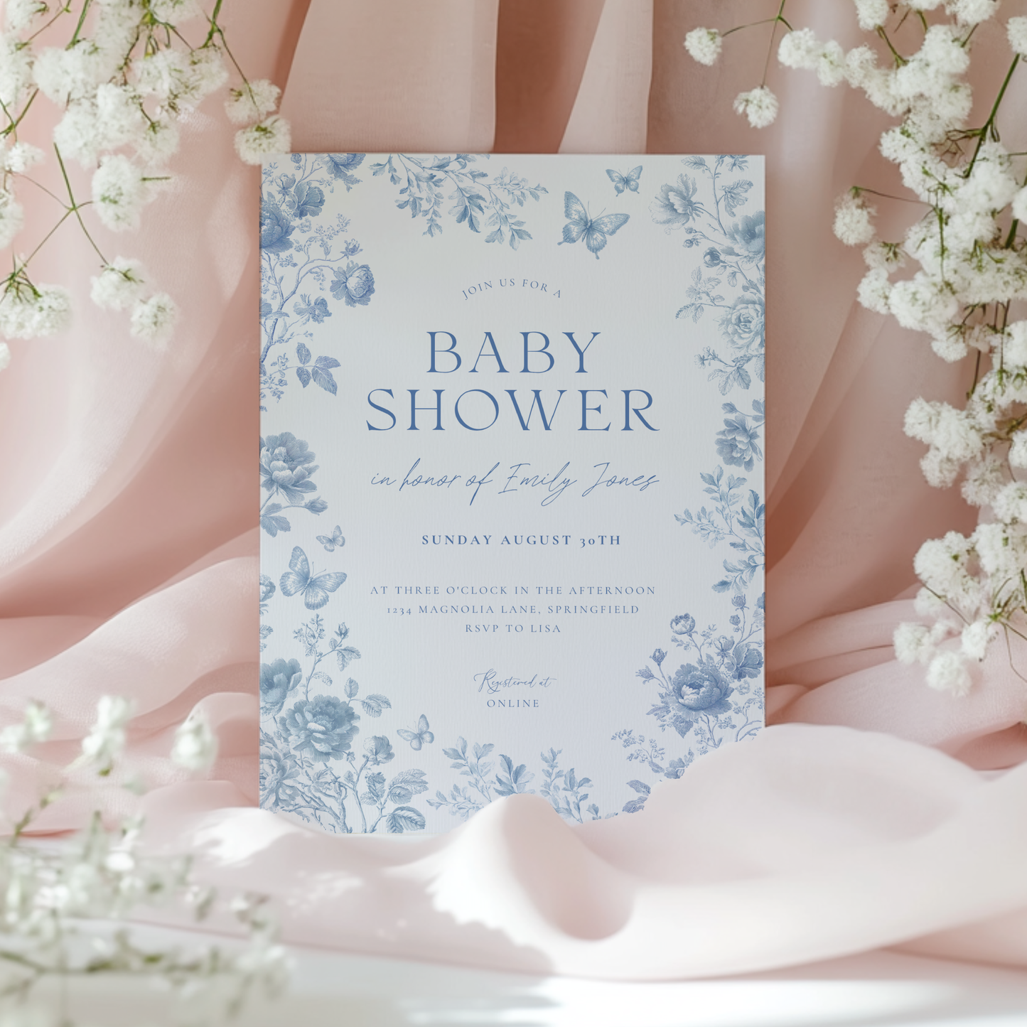 Baby Shower Invitation - Blue Toile de Jouy Elegant Vintage Florals BS187