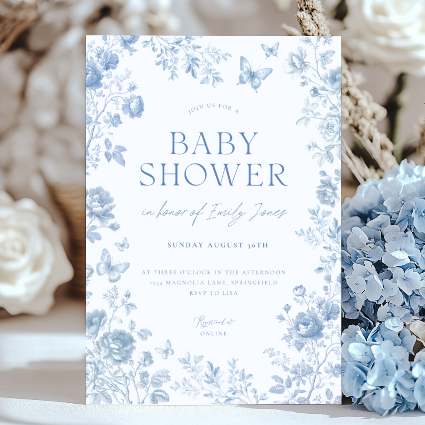Baby Shower Invitation - Blue Toile de Jouy Elegant Vintage Florals BS187