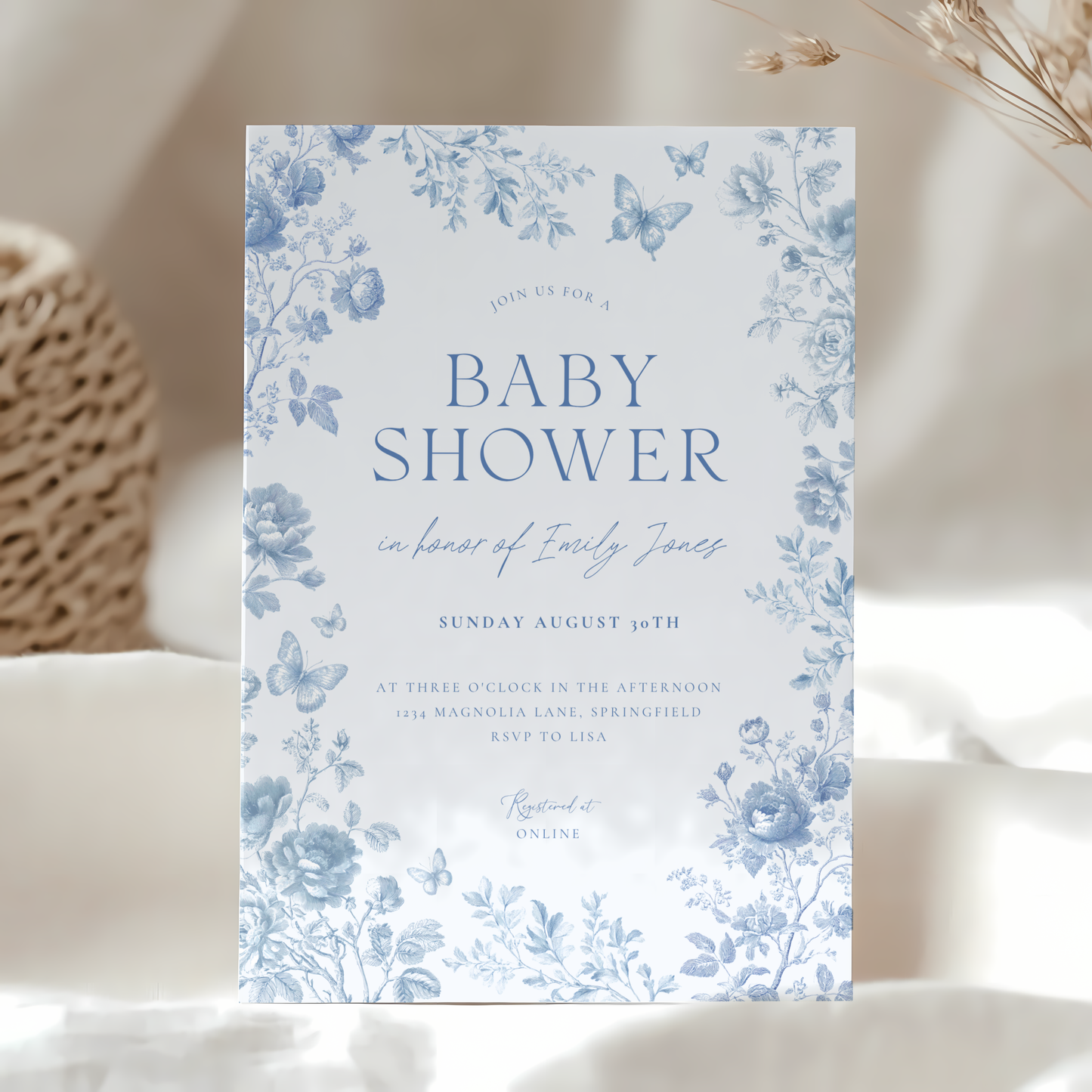 Baby Shower Invitation - Blue Toile de Jouy Elegant Vintage Florals BS187