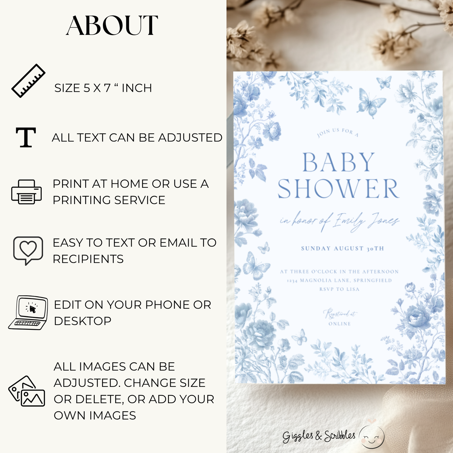 Baby Shower Invitation - Blue Toile de Jouy Elegant Vintage Florals BS187