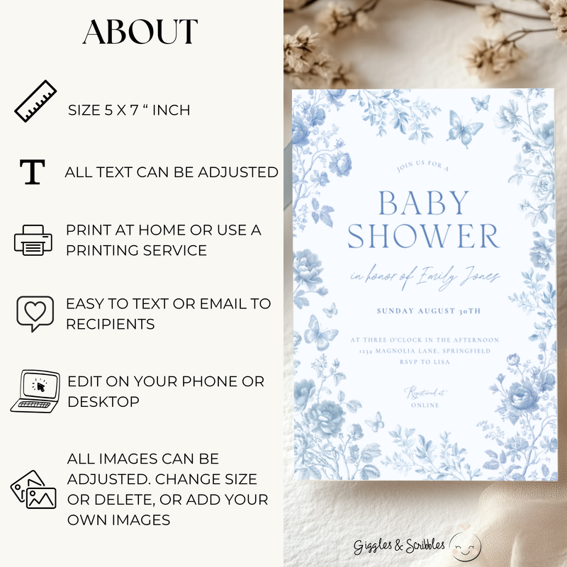 Baby Shower Invitation - Blue Toile de Jouy Elegant Vintage Florals BS187