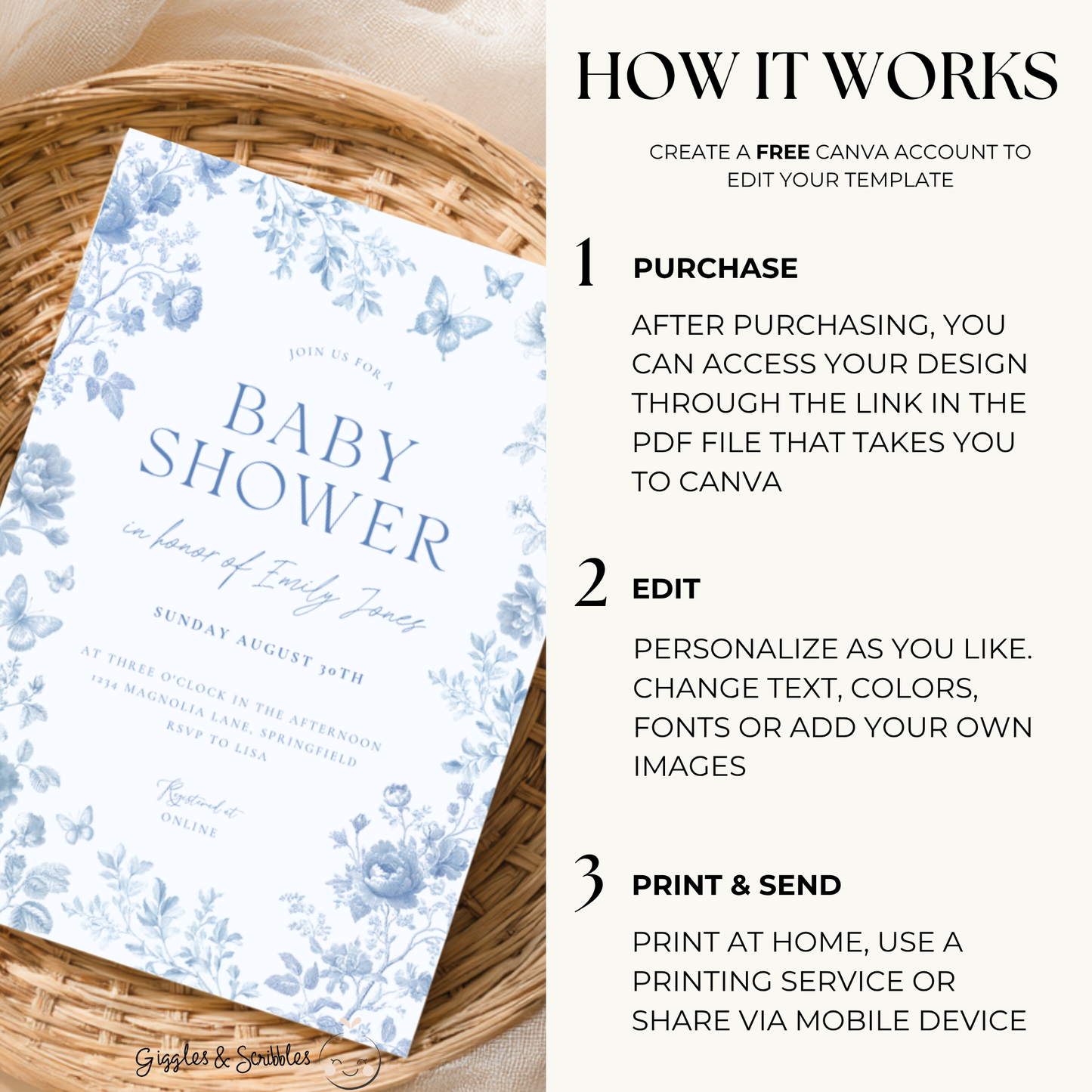 Baby Shower Invitation - Blue Toile de Jouy Elegant Vintage Florals BS187