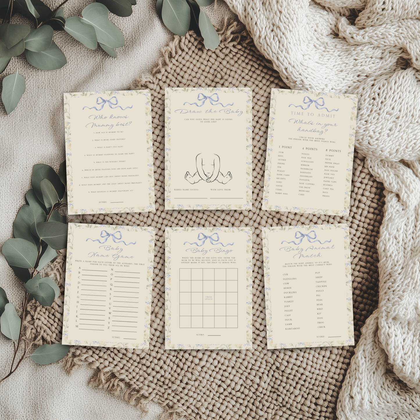 Blue Vintage Floral Baby Shower Games Bundle BS150