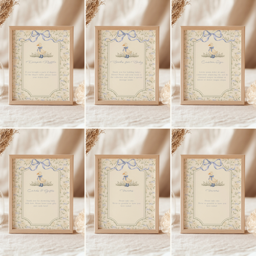 Blue Vintage Goose Baby Shower Table Signs Bundle BS150