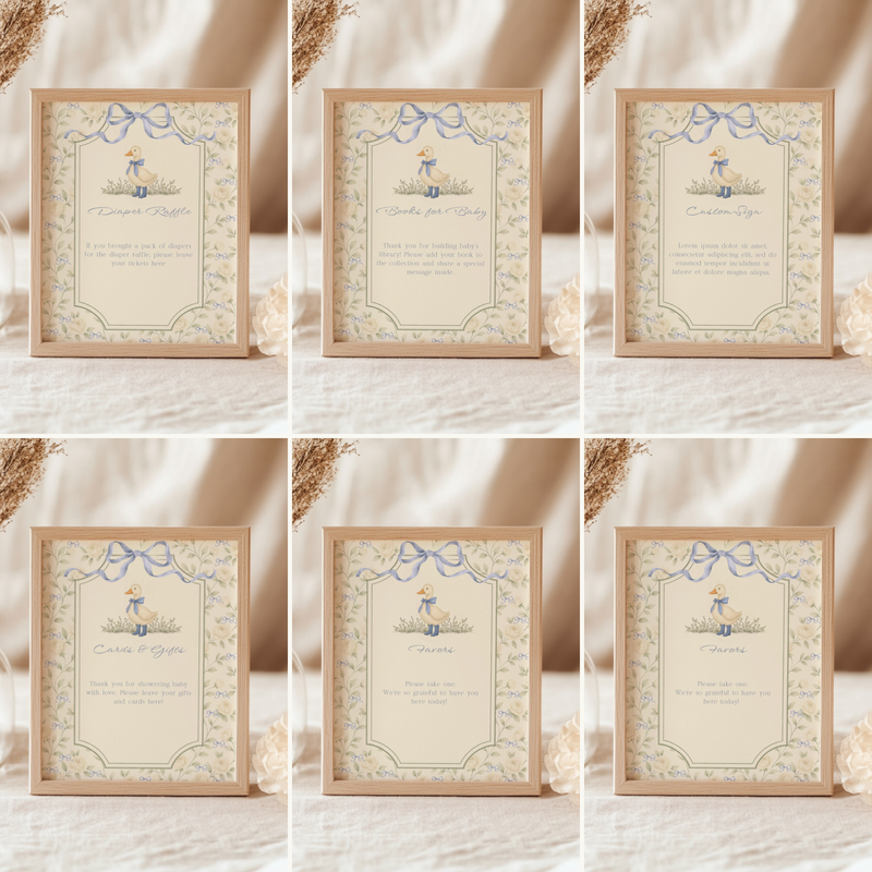 Blue Vintage Goose Baby Shower Table Signs Bundle BS150