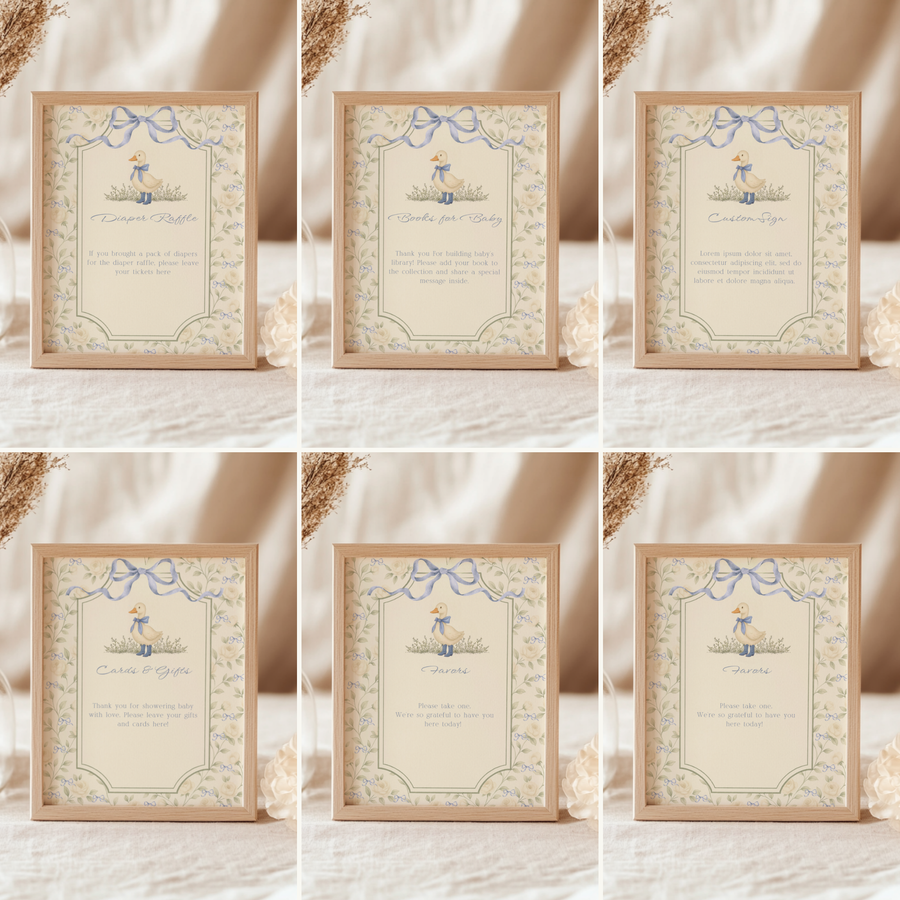 Blue Vintage Goose Baby Shower Table Signs Bundle BS150