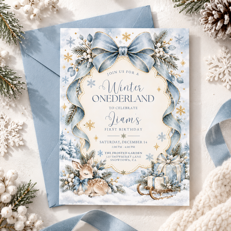 Blue Winter ONEderland First Birthday Invitation L186