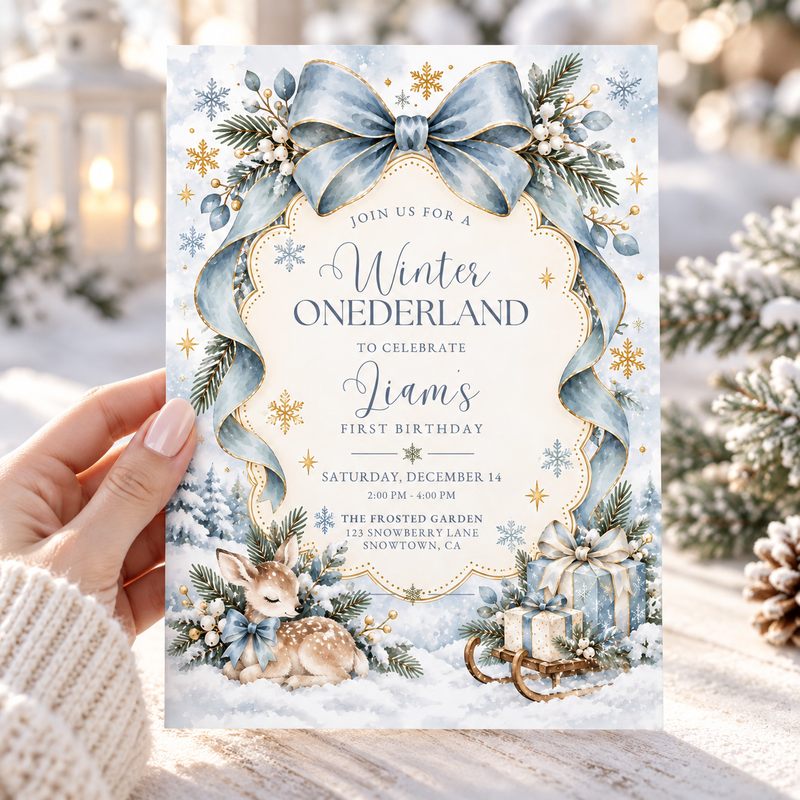 Blue Winter ONEderland First Birthday Invitation L186