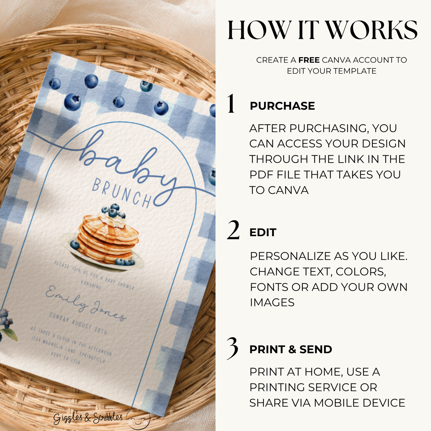 Baby Shower Invitation - Baby Brunch Blueberry Pancakes BS192