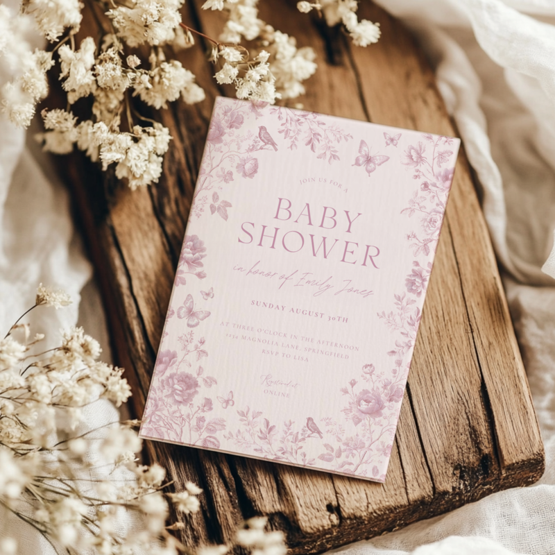 Baby Shower Invitation - Romantic Toile de Jouy Blush Elegant Pink Vintage Floral BS187