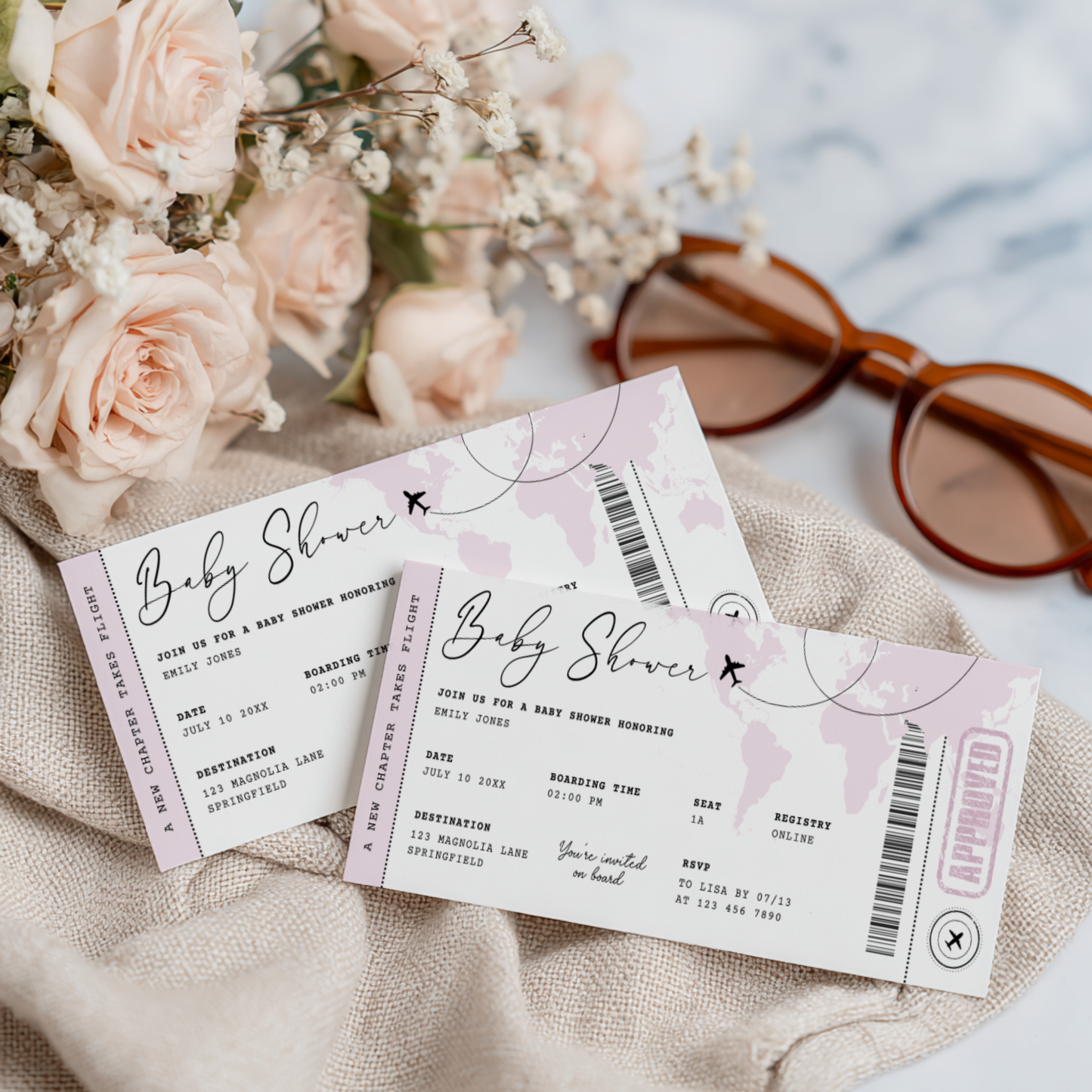Pink Boarding Pass Baby Shower Invitation Girl BS281
