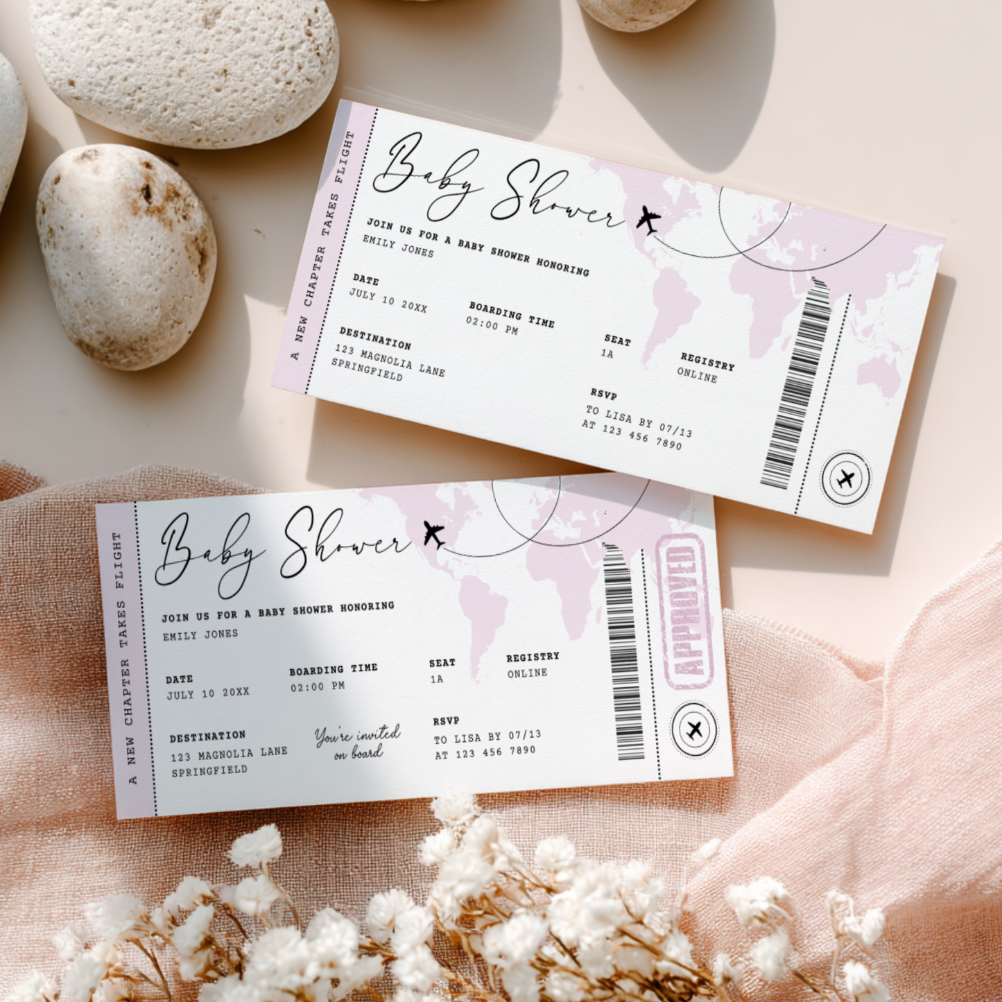 Pink Boarding Pass Baby Shower Invitation Girl BS281