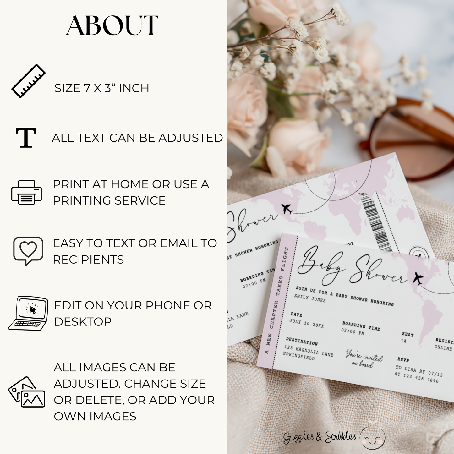 Pink Boarding Pass Baby Shower Invitation Girl BS281