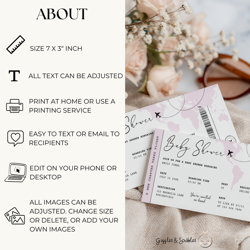 Pink Boarding Pass Baby Shower Invitation Girl BS281
