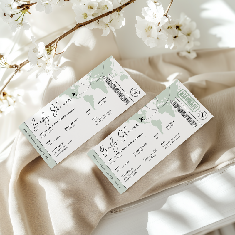 Sage Green Boarding Pass Baby Shower Invitation BS281