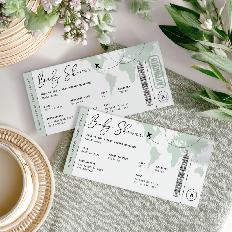 Sage Green Boarding Pass Baby Shower Invitation BS281