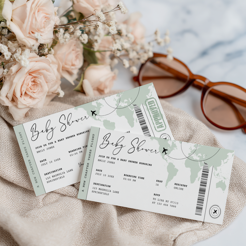 Sage Green Boarding Pass Baby Shower Invitation BS281