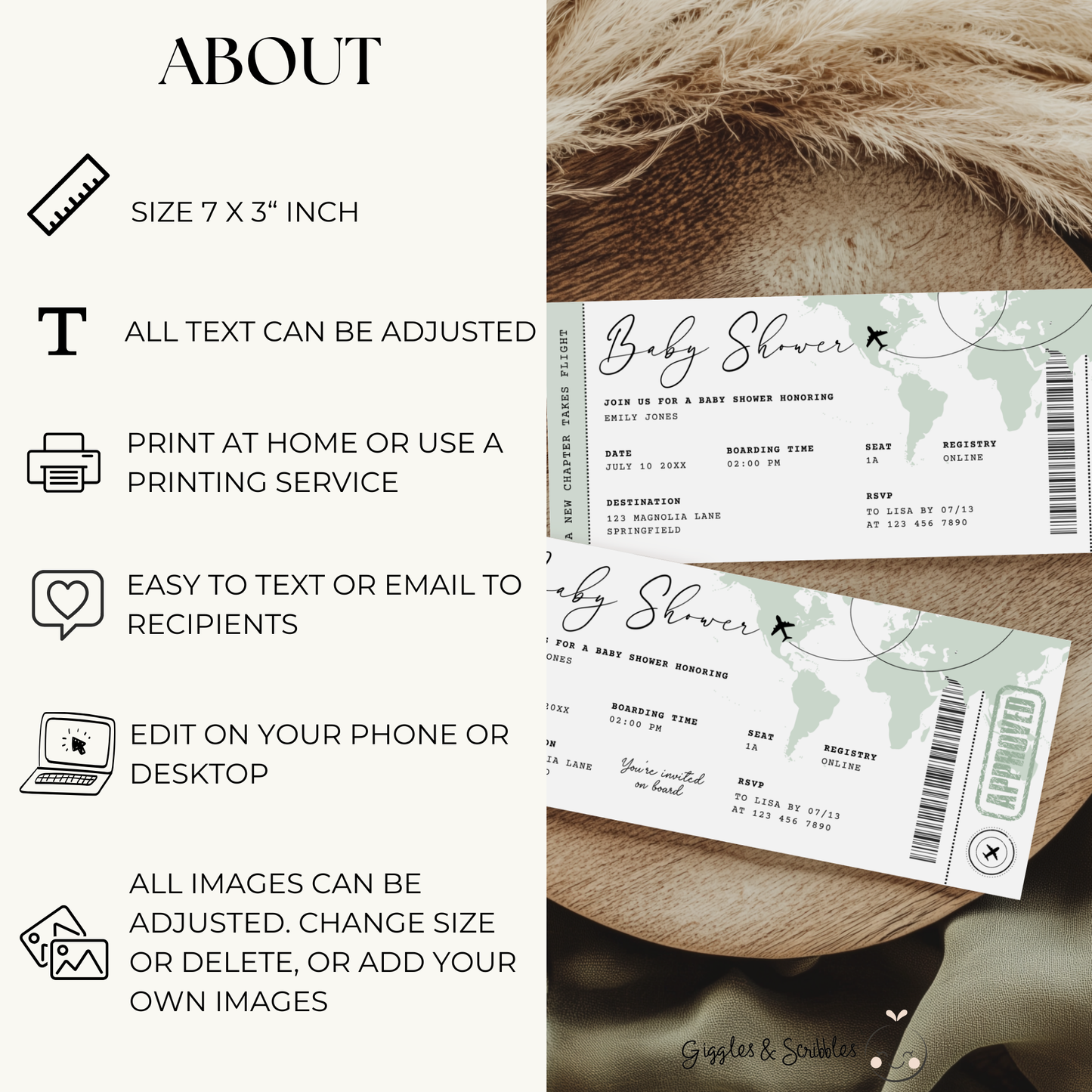 Sage Green Boarding Pass Baby Shower Invitation BS281