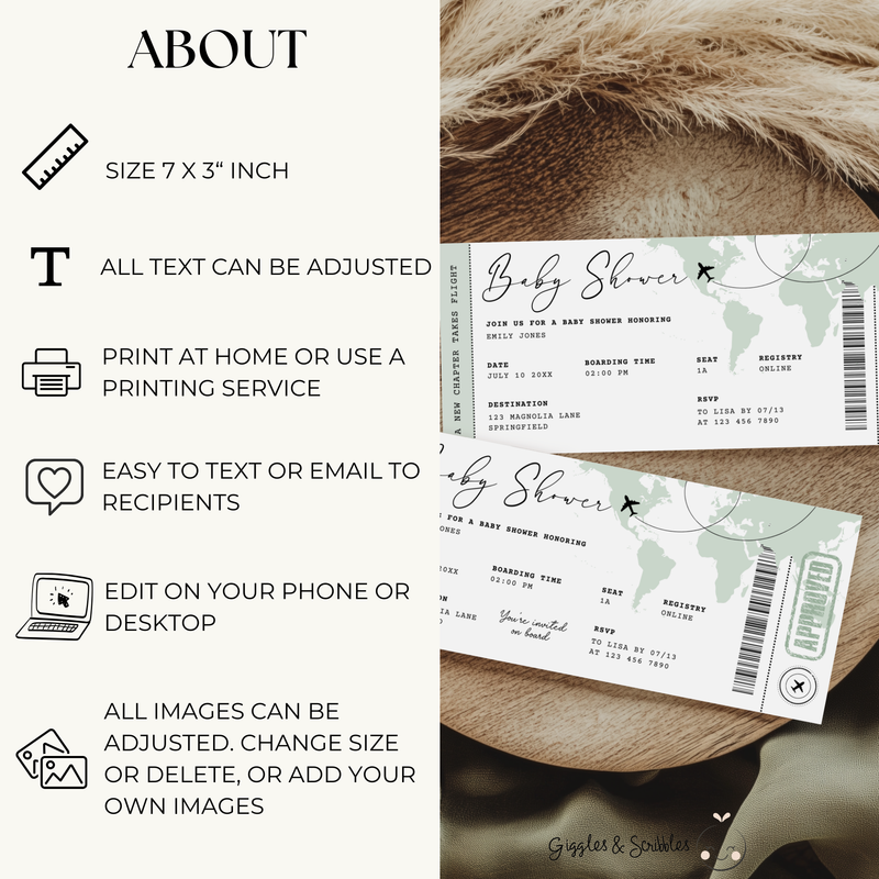 Sage Green Boarding Pass Baby Shower Invitation BS281