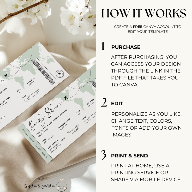 Sage Green Boarding Pass Baby Shower Invitation BS281