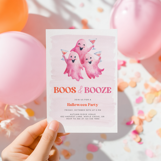 Pink Boos and Booze Halloween Party Invitation L13