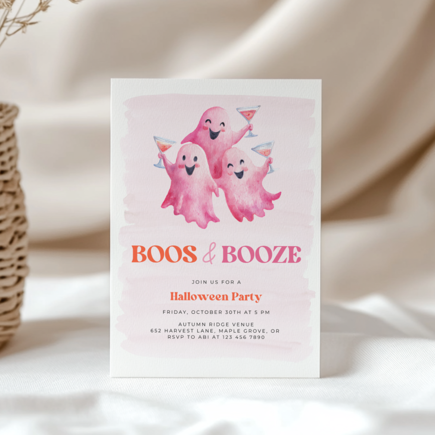 Pink Boos and Booze Halloween Party Invitation L13