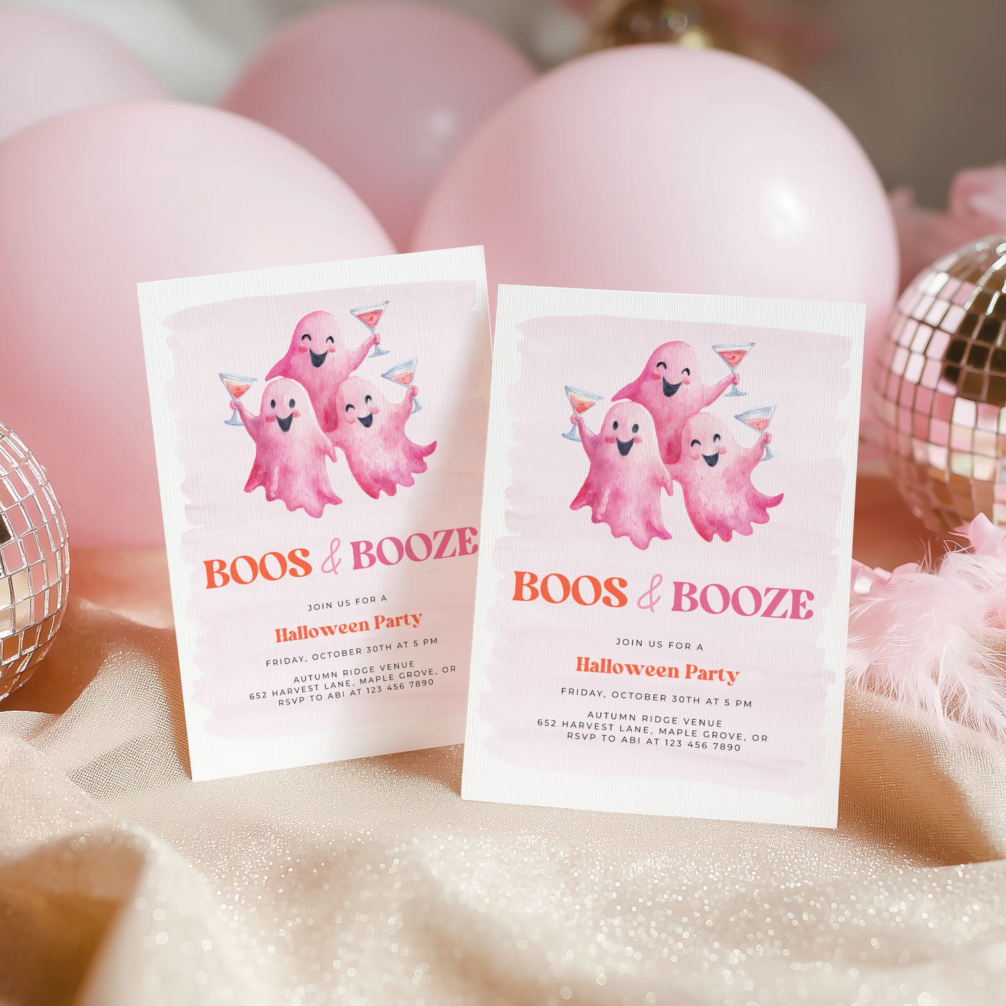 Pink Boos and Booze Halloween Party Invitation L13