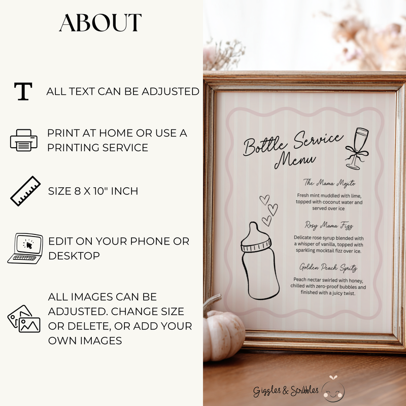 Bottle Service Menu Baby Shower Sign Dusty Pink Drink Station BS278