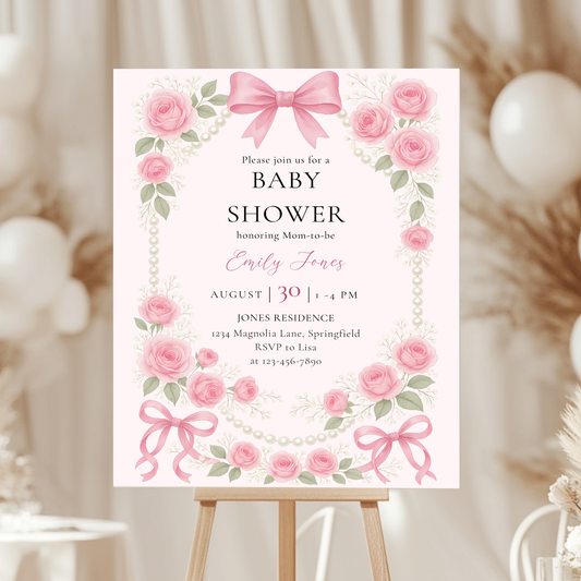 Baby Shower Welcome Sign - Coquette Pearls and Bows Pink Vintage Roses BS161