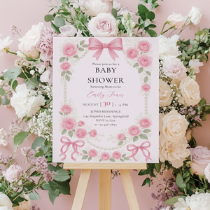 Baby Shower Welcome Sign - Coquette Pearls and Bows Pink Vintage Roses BS161