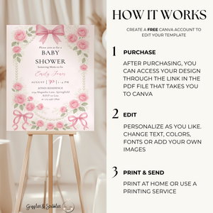 Baby Shower Welcome Sign - Coquette Pearls and Bows Pink Vintage Roses BS161