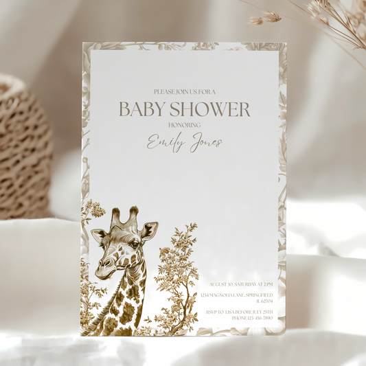 Baby Shower Invitation - Beige Safari Chinoiserie Giraffe BS15