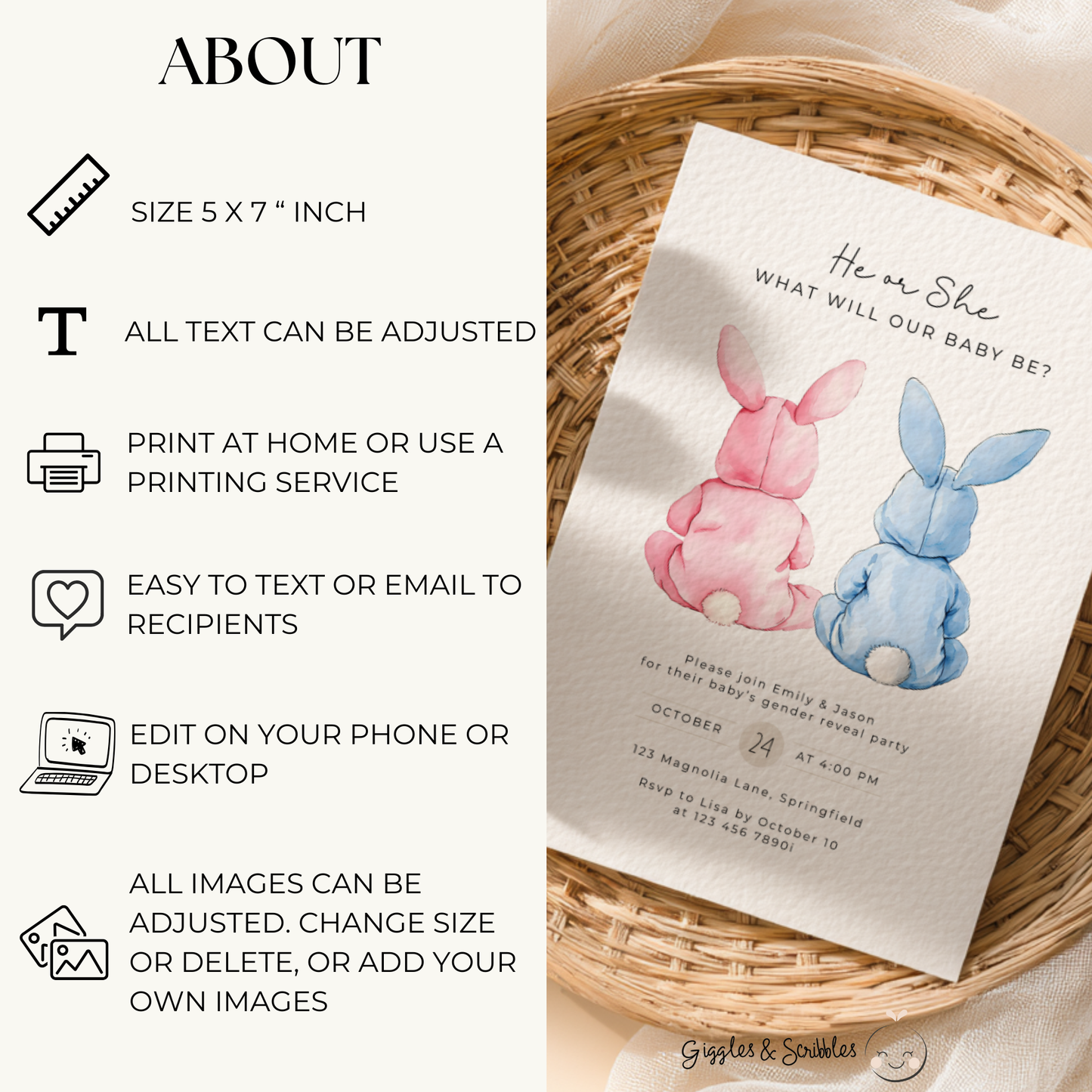 Bunny Gender Reveal Invitation BS290