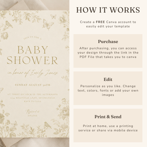 Butter Yellow Baby Shower Invitation Bundle – Elegant Toile Invitation Set BS187
