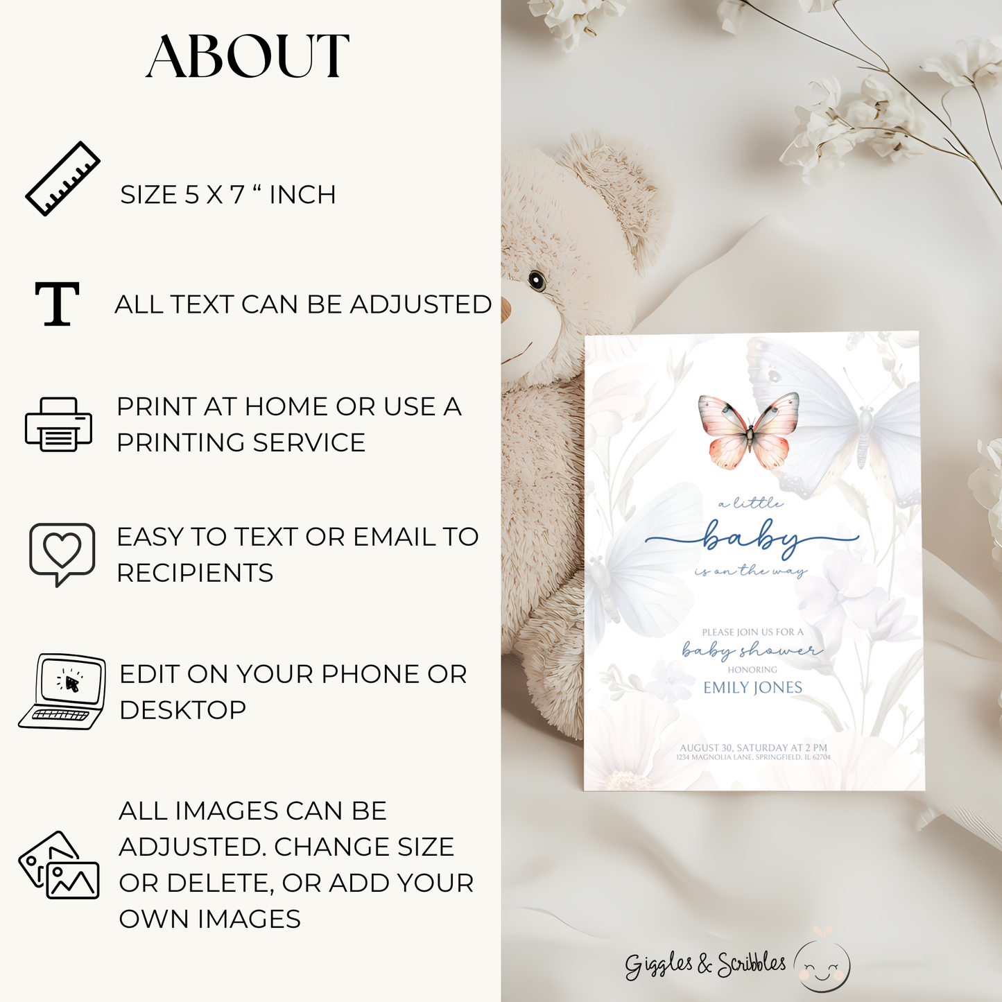 Baby Shower Invitation - Butterfly Minimalistic BS42