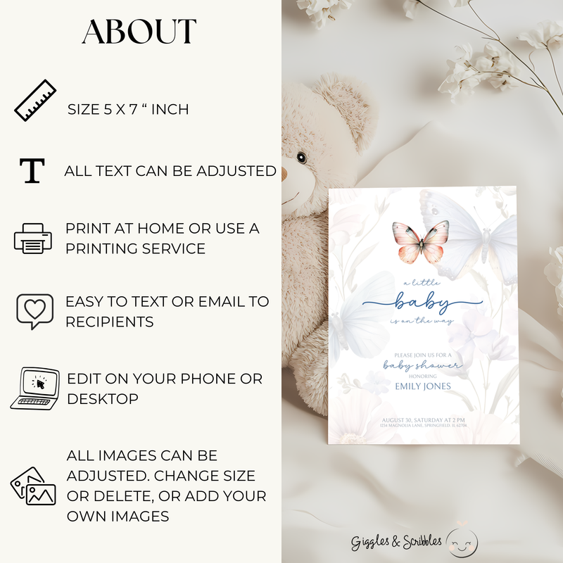 Baby Shower Invitation - Butterfly Minimalistic BS42