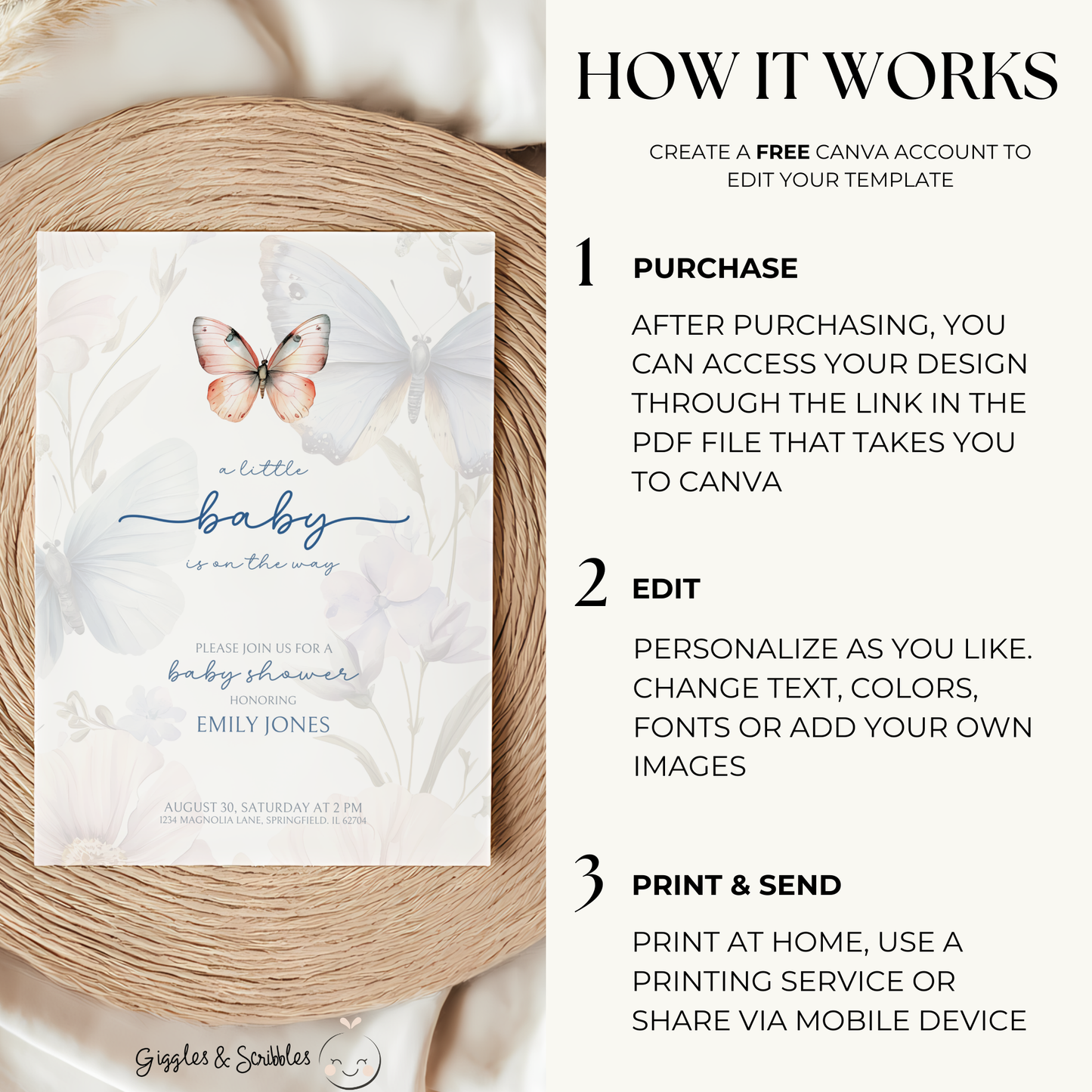 Baby Shower Invitation - Butterfly Minimalistic BS42