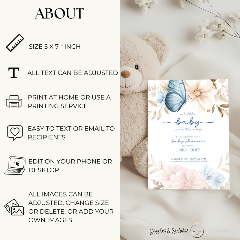 Baby Shower Invitation - Blue Butterfly BS43