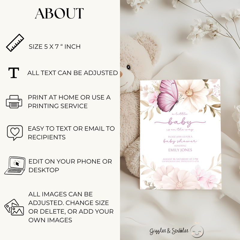 Baby Shower Invitation - Pink Butterfly BS44