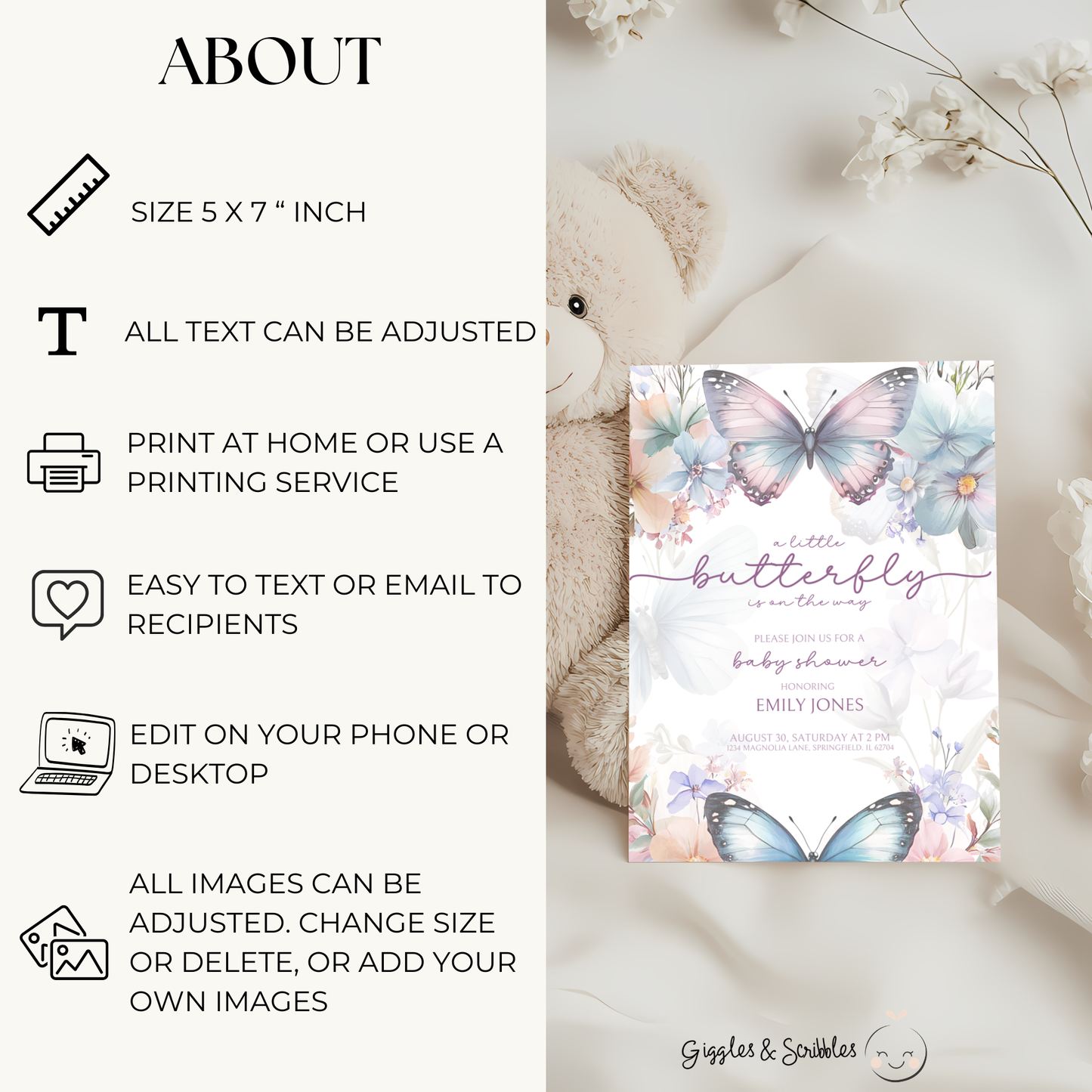 Baby Shower Invitation - Purple Blue Butterfly Fantasy BS45