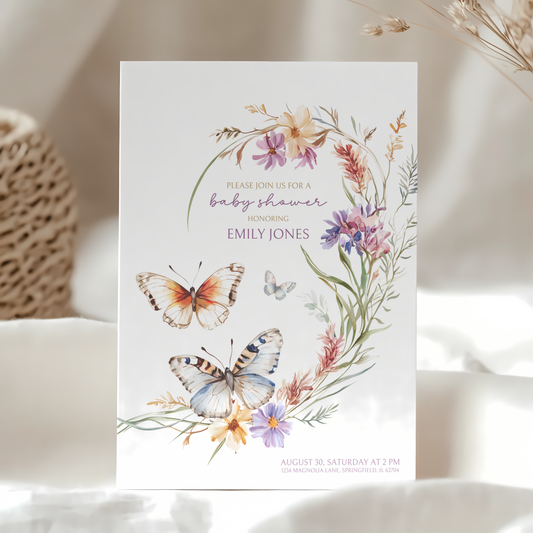 Baby Shower Invitation - Butterfly Wildflowers Baby In Bloom BS46