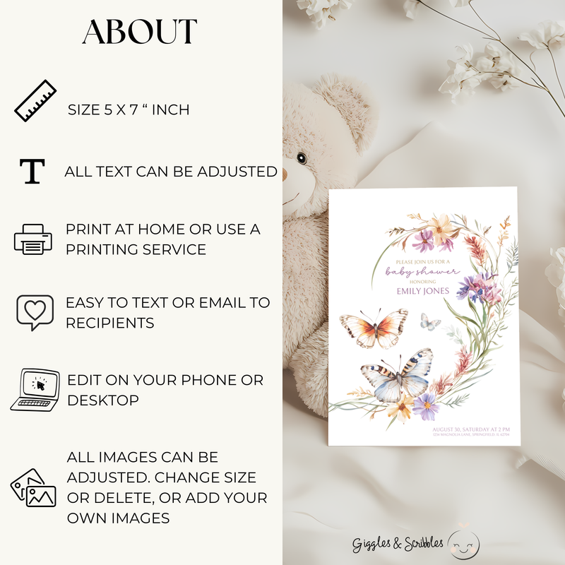 Baby Shower Invitation - Butterfly Wildflowers Baby In Bloom BS46
