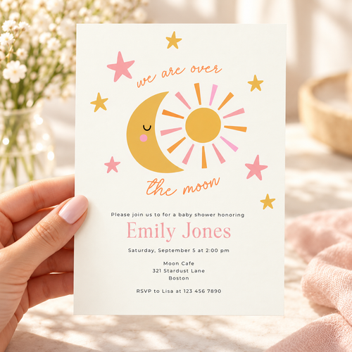 Over the Moon Baby Shower Invitation – Celestial Sun & Moon BS345