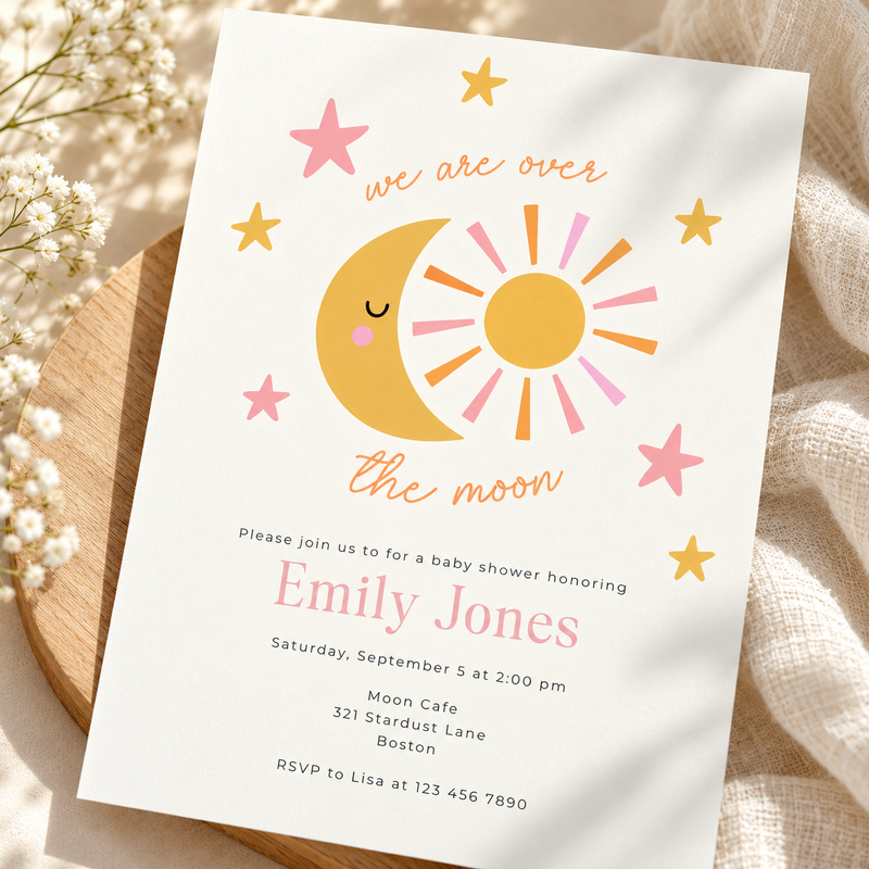 Over the Moon Baby Shower Invitation – Celestial Sun & Moon BS345