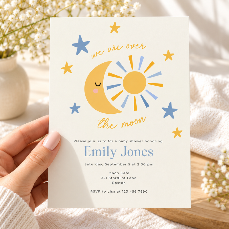 Over the Moon Baby Shower Invitation Boy – Celestial Sun & Moon BS345