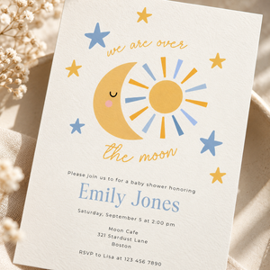 Over the Moon Baby Shower Invitation Boy – Celestial Sun & Moon BS345